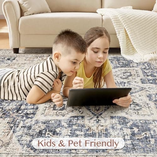 Tortania Area Rug Living Room Rugs - 5x7 Washable Boho Rug Vintage Oriental Distressed Farmhouse Large Thin Indoor Carpet for Living Room Bedroom Under Dining Table Home Office - Cream Blue view 6