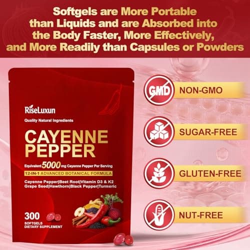 RiseLuxun 12-in-1 Cayenne Pepper Capsules Supplement*, 5000mg Per Serving Containing | Vitamin D3 K2+E & Extracts of Grape Seed, Hawthorn, Beetroot, Berberine Other Extracts view 7