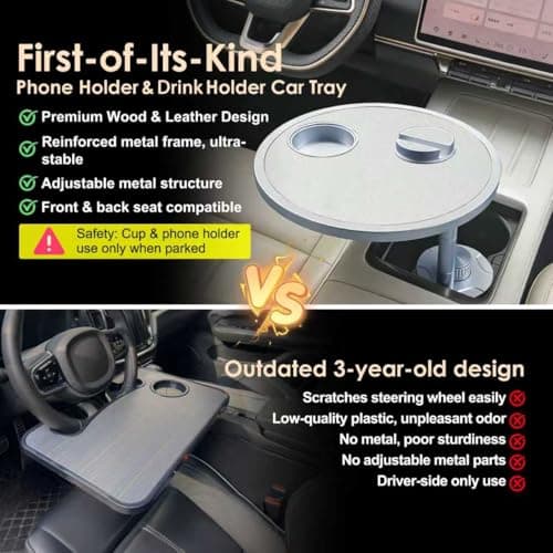 Car Food Tray & Car Table Tray with Car-Grade Aluminum Cup Holder & Phone Stand, Premium Wood with Leather Surface, 360° Rotating Car Desk for Laptop &Eating (Round, White) view 2