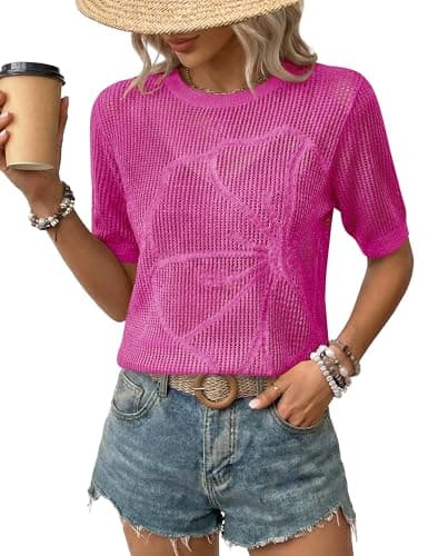 LaGracia Womens Short Sleeve Crochet Sweater Summer Crochet Tops Lightweight Hollow Out Crewneck Pullover Beach Coverup — image 1