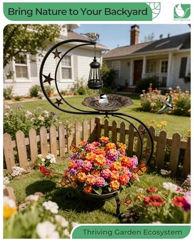 OUISJYER Solar Bird Bath with Planter, 2-Tier Standing Metal Birdbath, 9" Bowl + 12" Planter for Garden Yard Patio | Auto Solar Light, Stable Rust-Resistant Outdoor Decor view 3