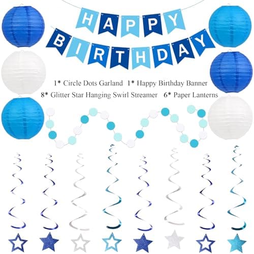 Happy Birthday Decorations, Blue Birthday Party Decorations Set with Happy Birthday Banner, Paper Lanterns, Star Swirl Hanging Decorations & Circle Dots Garland view 4