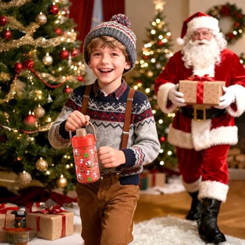 12 oz Kids Christmas Insulated Water Bottle: 2-in-1 Straw Spout Lid, Leakproof, BPA-Free, Keep Cold 24H, Stainless Steel Cup with Carrier Bag for Party, Travel, Holiday Gift (Santa's Jolly Wishes) view 3