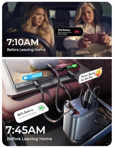 LISEN Retractable Car Charger, 84W Car Charger USB C Fast Charge, 4 in 1 view 3