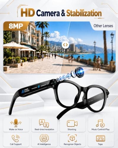 AI Glasses with Camera, 8MP & 4K Video, Camera Glasses for Men Women | Object Recognition, Real-Time Translation, Open-Ear Audio, Bluetooth Calling & Smart AI Features, Black, 3 Lenses view 3