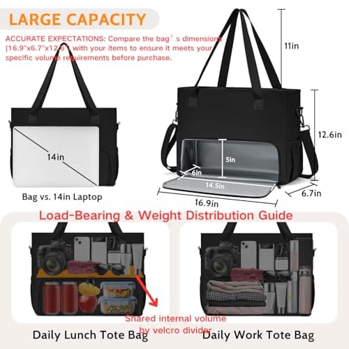 Lunch Tote Bag for Women with 15.6" Laptop Compartment, Work Tote Bag with Insulated Lunch Compartment, Large Casual Polyester Handbag Lunch Bags for Nurse, Teacher, Office, Travel, Beach, Jet Black view 3