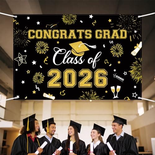 Oeyliz Graduation Decorations 2026 Congrats Grad Banner Class of 2026 Graduation Banner 2026 Graduation Decor Class of 2026 Banner High School College Celebration Party Supplies Yard Sign (Black Gold) view 2