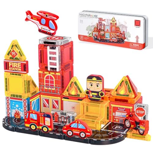 Mini Magnetic Tiles Set with Fire Rescue|Travel Magnet Tiles for Boys | Fire Truck,Firemen,Road,Rescue Helicopter Mini Magnetic Travel Set|Construction Building Blocks for 3+ Year Old Birthday Gift — image 1