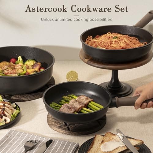 Astercook Non Stick Pots and Pans Set, Healthy Non-Toxic Titanium Induction Kitchen Cookware Sets for Cooking with Frying Pans, PFAS/PTFE/PFOA & PFOS Free, Black, 19 Pcs view 6
