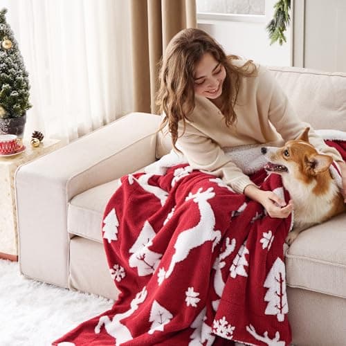 Bedsure Christmas Throw Blanket for Couch - Christmas Decorations Gifts for Women, Warm Sherpa Deer Throw Blanket, Red 50"x60" view 5