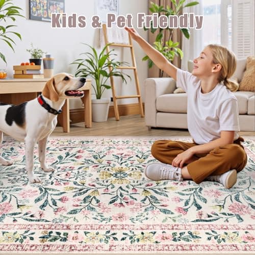 8x10 Area Rugs for Living Room: Floral Washable Rug Vintage Large Soft Boho Non-Slip Carpet Indoor Stain Resistant Low Pile Carpets for Bedroom Dining Room Farmhouse Nursery Home Office Pink Green view 7