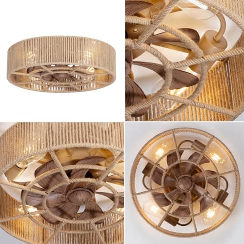 SHLUCE 18" Boho Caged Ceiling Fan with Light, Fandelier Flush Mount Ceiling Fan with Light, Small Low Profile Bladeless Ceiling Fans with Lights and Remote for Bedroom, Living Room, Rattan - ETL view 6