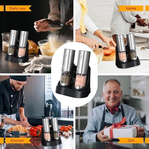 Electric Salt and Pepper Grinder Set with Charging Base - One Handed Automatic Spice Mill, Adjustable Coarseness Pepper Grinder, LED Light, Stainless Steel for Modern Kitchen & BBQ view 6