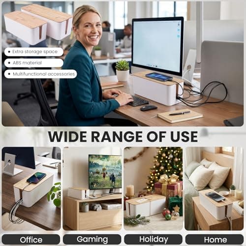 2 Pack Cable Management Box - Cord Organizer Box with Wooden Lid for TV Wires, Power Strips, Router, USB Hub & Under Desk Power: Baby & Pet Proof Cord Management, Cord Hider for Home & Office (White) view 7
