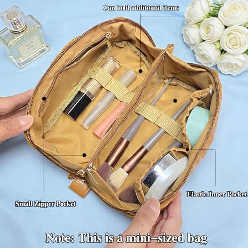 STOMKIRE Brown Soft Leather Small Makeup Bag for Purse Small Makeup Pouch Cute Cosmetic Bag Mini Travel Toiletry Bag Quilted Lay Flat Make up Bag for Women view 2
