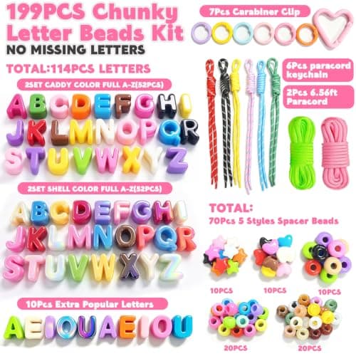 Embemirala 199PCS 20mm Chunky Bubble Letter Beads Kit with 6mm Large Hole | 4 Full A-Z and 10 AEIOU Mixed Colorful Acrylic Alphabet Beads for Paracord,DIY Bracelets,Bag Charms and Keychains view 2