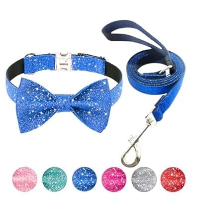 Jumpress Bling Bow Tie Dog Collar and Leash Set, Cute Blue Boy Dog Collar with Bow and 5ft Leash for Medium Dogs Daily Walking or Holiday Party (Neck fit 13-19’’)