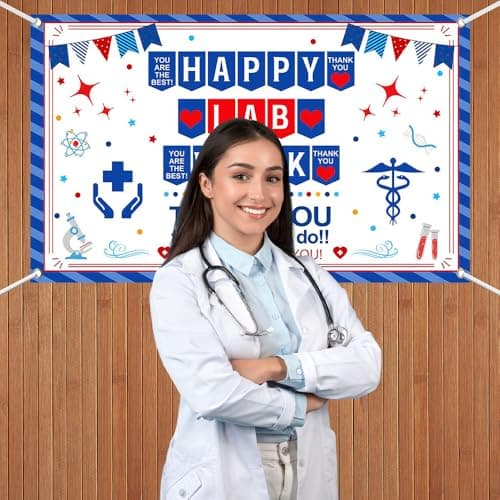 Wollmix Lab Week Decorations Banner - 70.8x43.3 Inch Thank You for All You Do Sign for Laboratory Workers, We Appreciate You Party Backdrop Decor Photography Supplies Photo Booth Background view 6