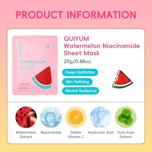 QUIYUM 14 Pack Watermelon Niacinamide Sheet Mask - Hydrating Facial Masks for All Skin Types, Skincare Set, Spa Gift for Women & Teens view 3