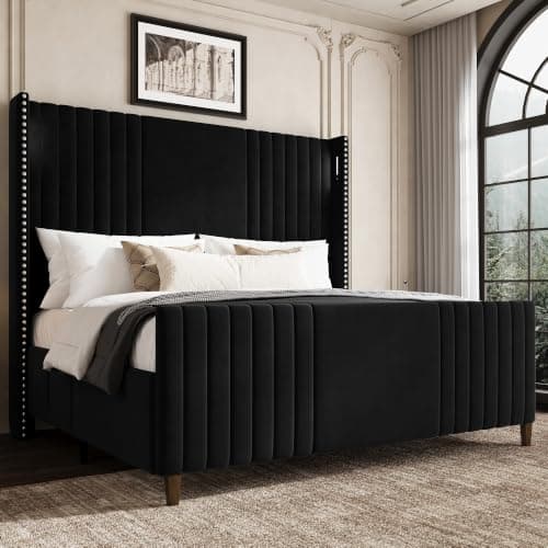 Belffin 59" Tall King Size Platform Bed Frame with 2 Touch Lights, Black | Nailhead Trim Velvet Upholstered Wingback Bed, Mid Century Modern, Solid Wood Legs, 2 Side Pockets, Easy Assembly, Noise Free — image 1