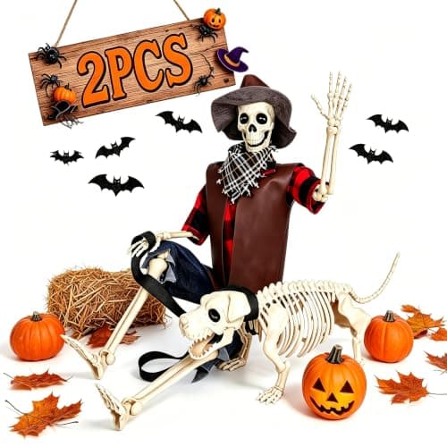 Skeleton for Halloween Decoration Outdoor, Halloween Decor for Yard Porch | Outside Halloween Skeleton Decoration for Yard Patio Lawn Garden, 3FT Realistic Full Body Posable Cowboy Skeleton with Dog — image 1