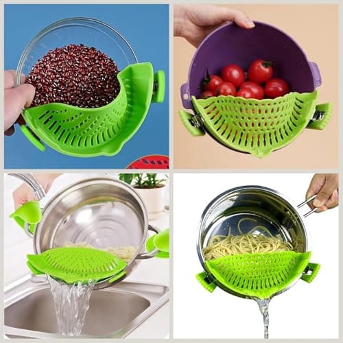 Clip On Strainer Silicone for All Pots and Pans, Pasta Strainer Clip on Food Strainer for Meat Vegetables Fruit Silicone Kitchen Colander (Green) view 5