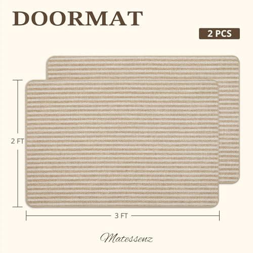 MatEssenz 2 Pack Inside Door Mats 2x3 ft, Low Profile Washable Entryway Rug Set, Scandinavian Striped Woven Faux Linen, Non-Slip Mudroom & Kitchen Mat, Apartment Essentials, Khaki view 2