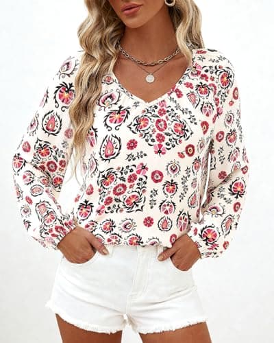 Zenlonr Women's Summer Tops Dressy Casual 2026 V Neck Satin Silk Printed Shirts Boho Long Sleeve Work Blouses view 2