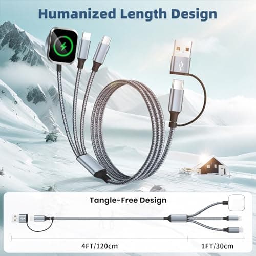 3 in 2 Multi Charging Cable for iWatch Charger/IP/USB C,Travel Cruise Essentials,Braided USB A/C Cable Designed for Multiple Devices,Compatible with iWatch Ultra/SE/11-1 & iPhone 17-11,Gray(5FT) view 6