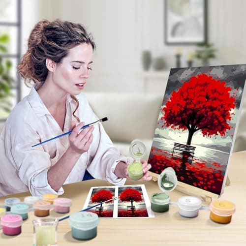 igoodom Framed Paint by Numbers Kit for Adults Beginner, Red Trees Easy Paint by Number Kits on Canvas with Easel, DIY Adults' Paint-by-Number Kits for Gift Home Wall Decor 8x12inch view 4
