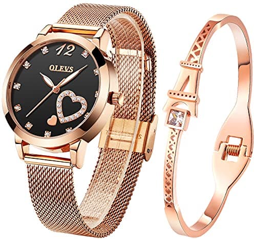 OLEVS Watch for Women Gifts Set Rose Gold and Eiffel Tower Bracelet Set Analog Quartz Wrist Watches for Lady Waterproof with Heart Love Shape Diamonds Black Dial Two Tone