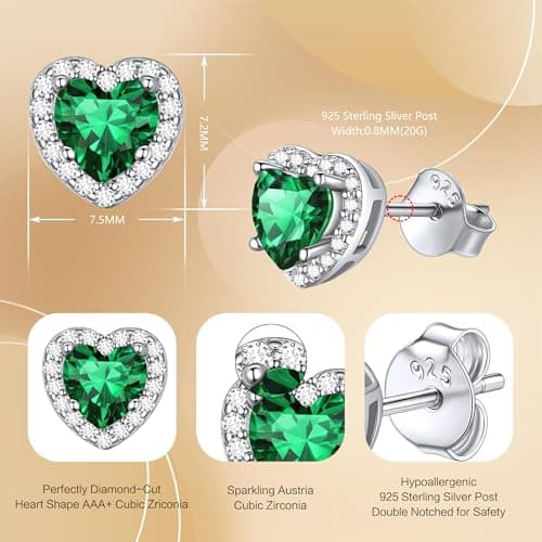 BAYLAY Birthstone Earrings for Women, S925 Sterling Silver Earrings Heart Birthstone Stud Earrings with Cubic Zirconia Birthday Jewelry Mothers Day Gifts for Women Mom Grandma view 5