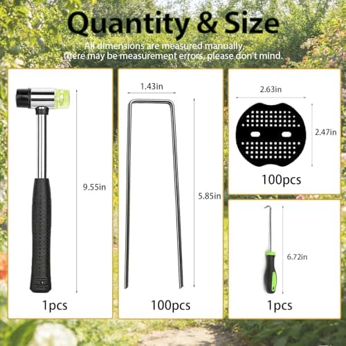 202Pcs Garden Stake Staple kit, 100Pcs 6-inch U-Shaped Landscape Staples, 100 Fixing Gasket, Pick Hook, Rubber Mallet Used for for Weed Barrier Fabric, Ground Cover, Holding Fence and Artificial Turf view 2