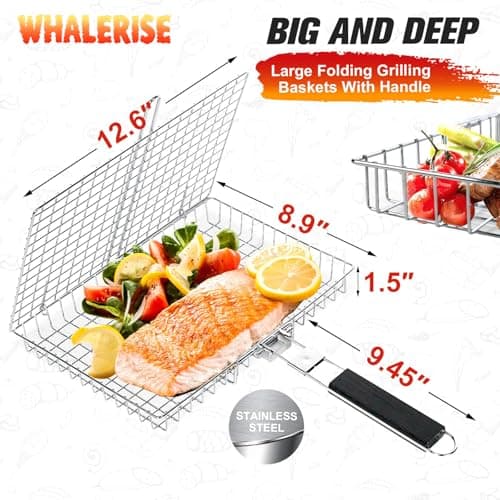 Grill Basket for Outdoor Grill, Stainless Steel Grilling Basket with Foldable Handle, Portable BBQ Cooking Rack for Fish, Vegetables, Shrimp, Chicken - Includes BBQ Skewers 6pcs,Basting Brush,Scrub Sponge-Upgrade view 2