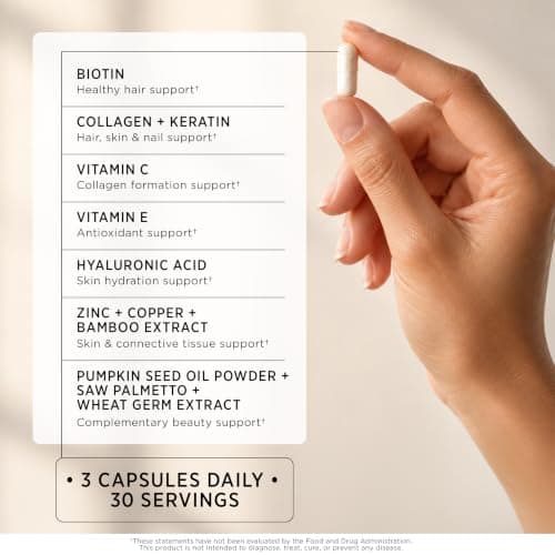 New Elements Biotin 10000 mcg with Collagen, Keratin & Hyaluronic Acid, 12-in-1 Hair Skin and Nails Supplement with Bamboo Silica, Vitamins C & E, Zinc & Copper, 90 Capsules view 3