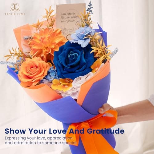 TINGE TIME Preserved Flowers Bouquet, Orange & Navy Blue Roses Gift Bouquet, Eternal Roses Bouquet for Wedding, Table Centerpieces, Mothers Day, Birthday Gifts, Anniversary, Graduation view 6