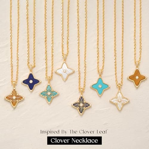 MYEARS Women Clover Necklace Pendant Lapis Lazuli/Mother of Pearl/Turquoise/Yellow Tiger's Eye Cubic Zirconia 14K Gold Simple Dainty Chain Everyday Trendy Lucky Jewelry view 6