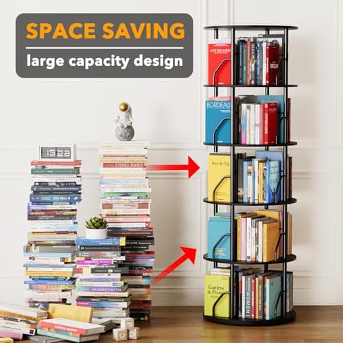 SpaceAid 5 Tier Rotating Bookshelf Tower, 360 Display Stackable Spinning Bookcase, Space Saving Revolving Round Book Shelf, Floor Standing Swivel Corner Organizer, Black view 3