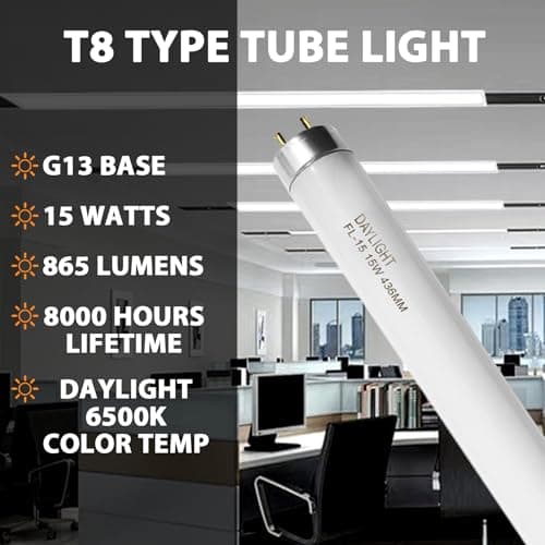 F15T8/DL 18 Inches T8 15 Watt Fluorescent Tube Compatible for Sylvania GE Eiko F15/T8/D Daylight 6500K G13 Bi-Pin Base 6 Count view 3