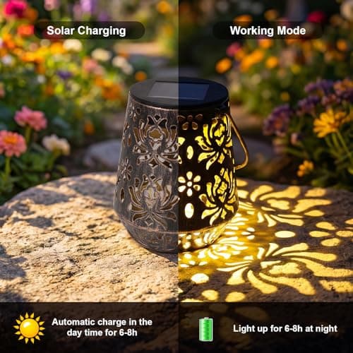 Edenseelake 2 Pack Solar Hanging Lanterns Outdoor Waterproof, Metal Flower Solar Lights, Decorative LED Lantern for Garden, Patio, Porch, Yard, Lawn, Bronze view 5