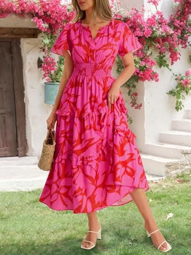 Wenrine Womens Summer Short Sleeve Maxi Dresses Casual Floral V Neck Smocked Tiered Flowy Boho Beach Sundress view 2