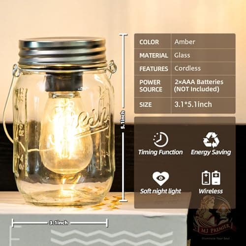 MJ Outdoor Mason Jar Lights Hanging Battery Operated Lamp Timer Cordless Lamps 2-Pack LED Decorative Garden Lanterns Glass Light for Patio Camping Courtyard Backyard Tree Hallway Stairs( Transparent) view 2
