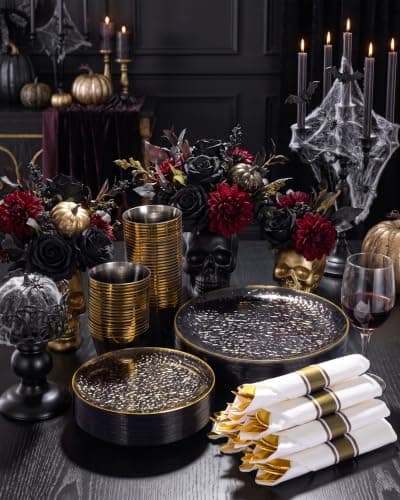 Hioasis 175 Pcs Black Gold Plastic Plates for Wedding | Black Plastic Dinnerware Set Includes 25 Dinner Plate, 25 Dessert Plate, 25 Cups, 25 Napkins view 5
