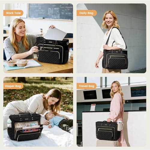 LOVEVOOK Insulated Lunch Tote Bag for Women, Large Capacity Work Bag with Laptop Compartment & Cup Holder, Water Resistant Nurse Tote for Office, Leakproof Crossbody Handbag, 15.6 Inch Black-Purple view 2