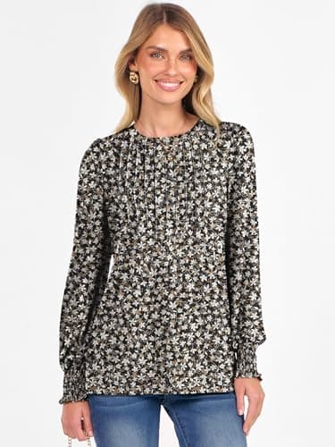 Prinbara Long Sleeve Shirts for Women 2025 Fall Tops Floral Print Pleated Dressy Casual Blouses view 4