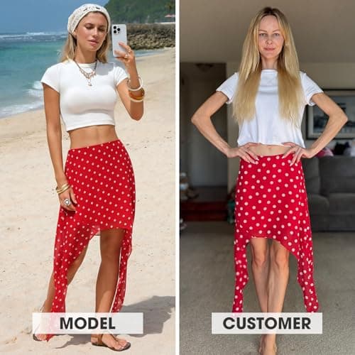 EXLURA Women Summer Boho Skirts Polka Dot Asymmetrical Midi Skirt Y2K Elastic Waist Flowy Skirts Beach Vacation Cover Ups view 2