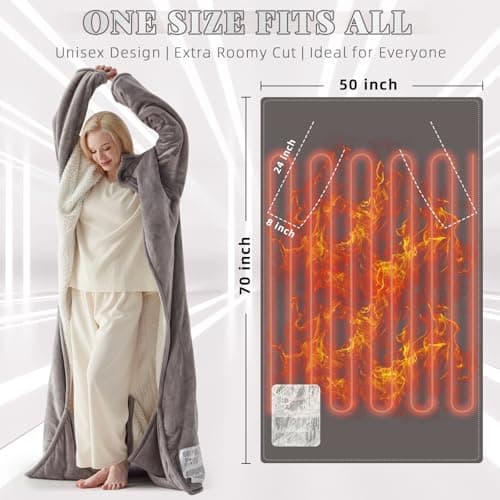 Wearable Electric Heated Blanket with Foot Pocket & Sleeves, 50"x70", Grey view 2