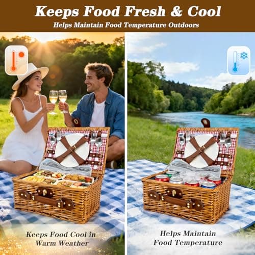 Picnic Basket for 2 - Picnic Basket with Cutlery Kit and Glasses, Insulated Picnic Set with Waterproof Liner, Portable Wicker Picnic Baskets with Lid and Handle for Outdoor, Picnic, Camping, Holidays view 5