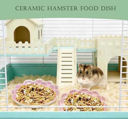 Hamster Food Bowl，2 Pcs Sunflower Hamster Bowls,Hamster Ceramic Food Bowl，Food Dish for Small Animals Hamster Guinea Pig Rat Mice Gerbil Dwarf (Pink+Green) view 3