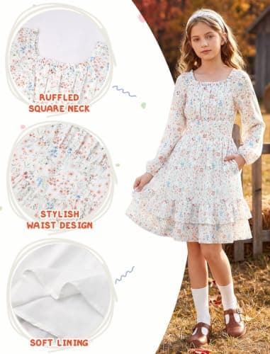 HOZIY Girls Fall Floral Dress Holiday Long Sleeve Square Neck High Waist Ruffle Tiered Midi Dresses 6-14Y view 5